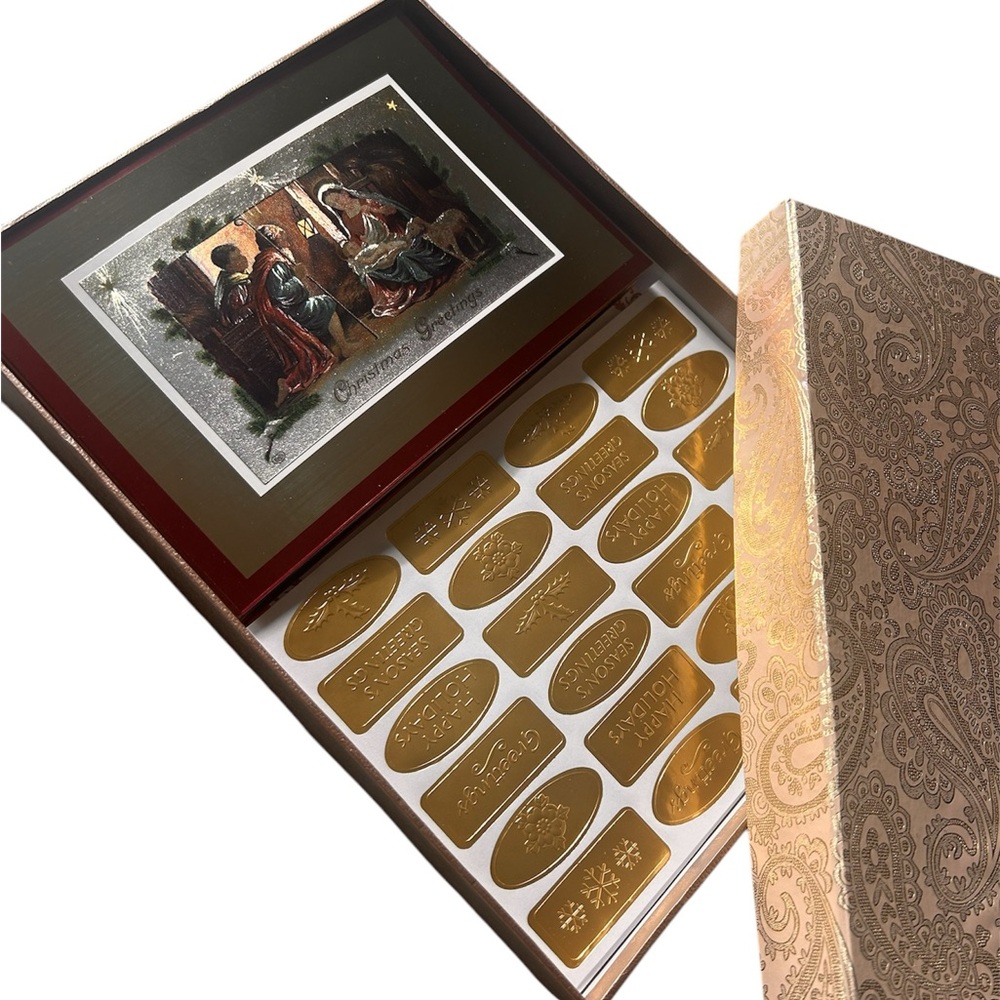 Box set of vintage nativity Christmas cards with gold foil lined envelopes
